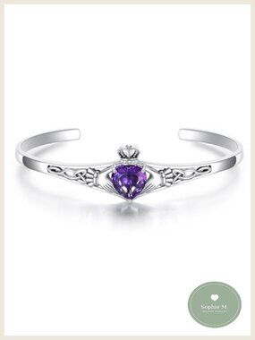 Sterling Silver Claddagh Cuff Bracelet Amethyst Birthstone Adjustable Women